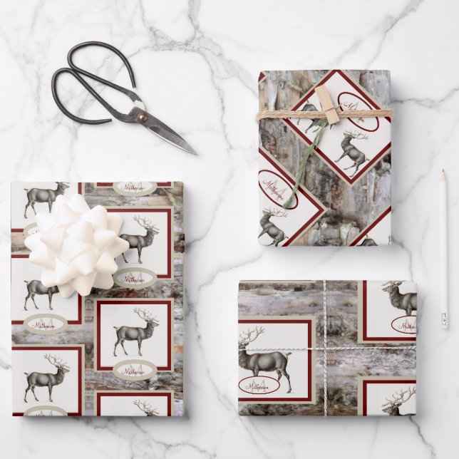 Feuille De Papier Cadeau Bois rustique Elk / Reindeer Famille Monogramme ta (Recto)