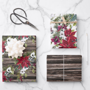 Feuille De Papier Cadeau Bois rustique rouge Poinsettias Aiguilles de pin N
