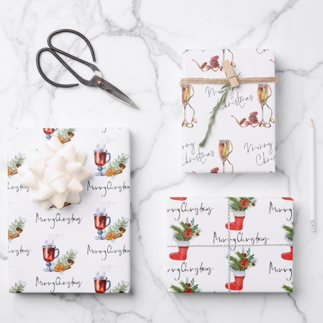 Feuille De Papier Cadeau Boissons de fête Stocker Joyeux Script de Noël (Recto)