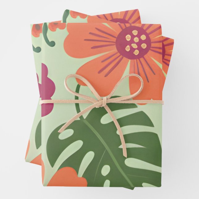 Feuille De Papier Cadeau Bold Tropical Hibiscus & Monstera Leaf  (En situation)