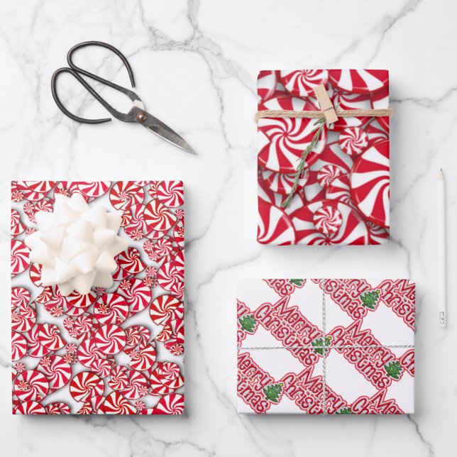 Feuille De Papier Cadeau Bonbons de menthe à poivre Noël  (Recto)