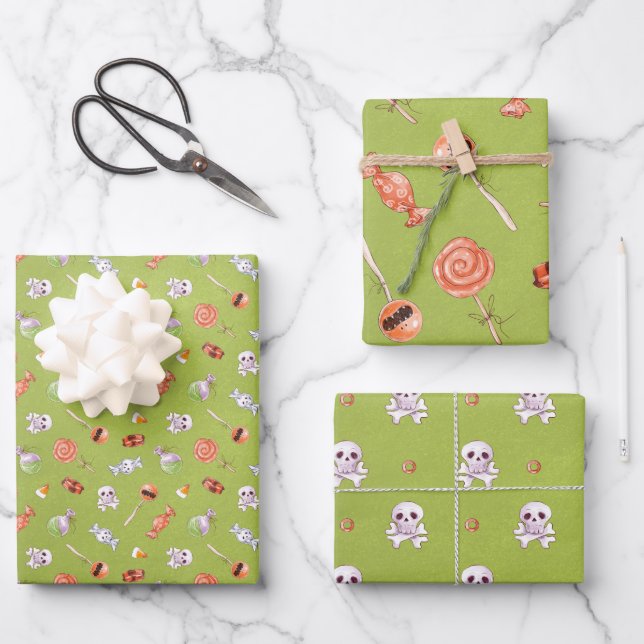 Feuille De Papier Cadeau Bonbons et crânes d'Halloween amusants (Recto)