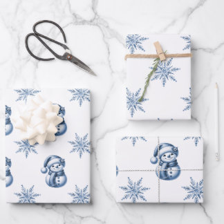 Feuille De Papier Cadeau Bonhommes de neige bleus de Noël 