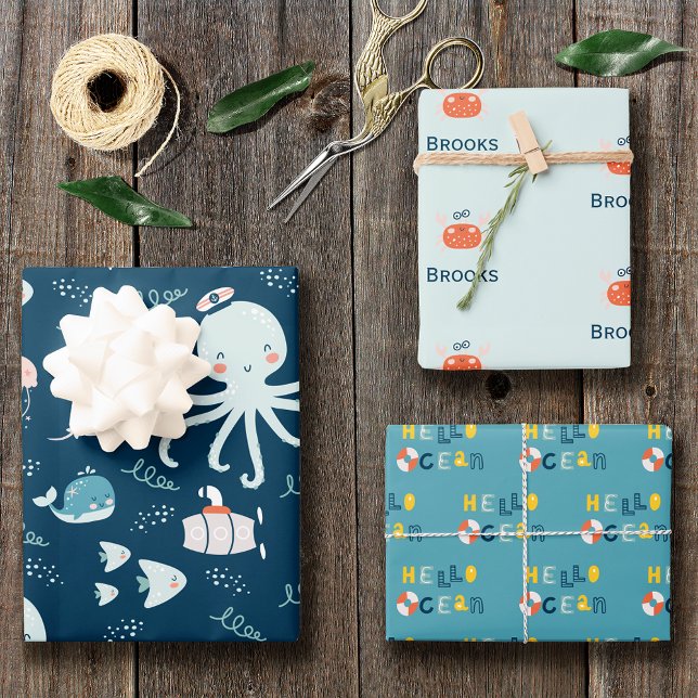 Feuille De Papier Cadeau Bonjour Ocean Octopus et Poisson Nautique Blue Kid (Créateur téléchargé)