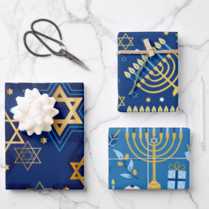 Feuille De Papier Cadeau Bonne Hanoukka Menorah Juive Étoile Bougies