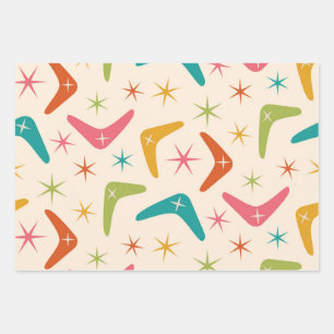 Feuille De Papier Cadeau Boomerang du milieu du siècle avec des starburts r