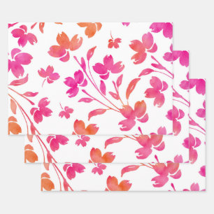 Feuille De Papier Cadeau Bords de fleurs d'aquarelle rose et orange chauds