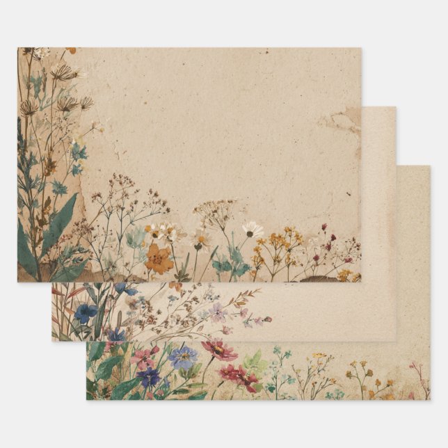 Feuille De Papier Cadeau Bordure beige rustique bohème fleur sauvage (Lot)
