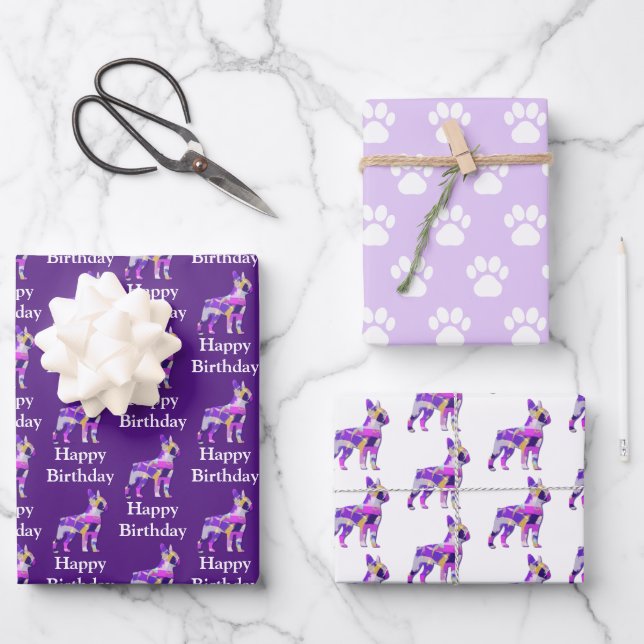 Feuille De Papier Cadeau Boston Terrier Chien Silhouette Purple Anniversair (Recto)