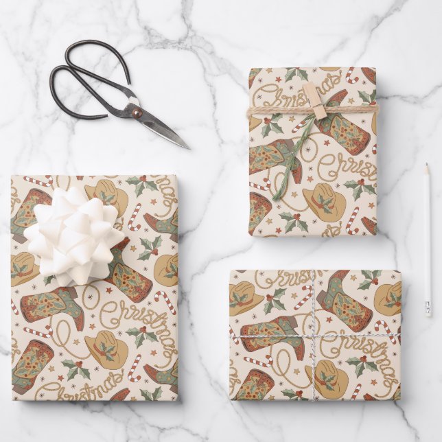 Feuille De Papier Cadeau Bottes de Noël de l'Ouest et Motif Casquette (Recto)