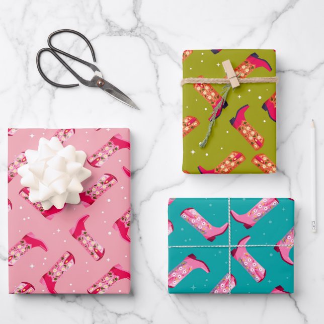 Feuille De Papier Cadeau Bottes et fleurs de cowboy (Recto)