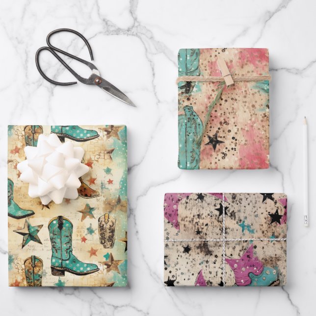 Feuille De Papier Cadeau Bottes pour fille Étoiles rose Turquoise Set 3 Ass (Recto)