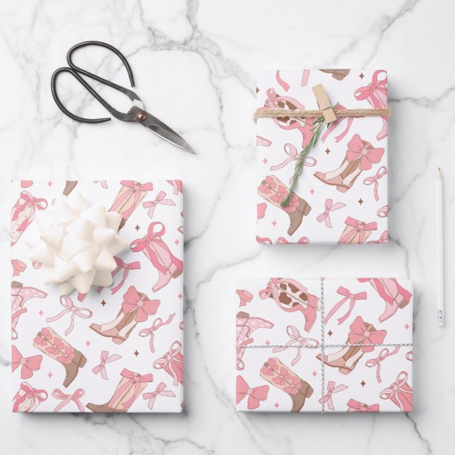 Feuille De Papier Cadeau Bottes rodéo rose occidentale avec Fête des mariée (Recto)