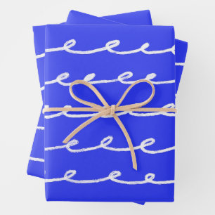 Feuille De Papier Cadeau Boucles d'encre Lignes à main chic bleu et blanc