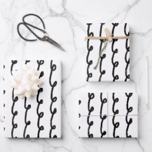 Feuille De Papier Cadeau Boucles d'encre Lignes à main chic noir et blanc
