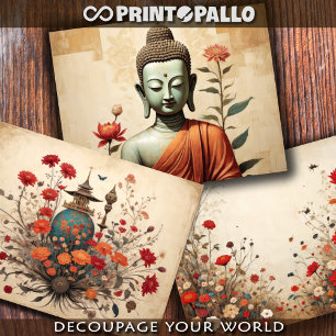 Feuille De Papier Cadeau Bouddha, un temple Zen et des fleurs -