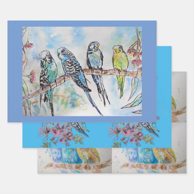 Feuille De Papier Cadeau Bougie art Fleur Floral Bleu Oiseau Aquarelle (Lot)