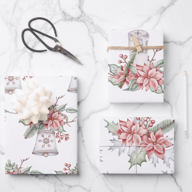 Feuille De Papier Cadeau Bougie de Noël et cloche (Recto)
