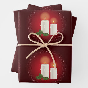 Feuille De Papier Cadeau Bougies De Noël Blanches Et Cosy Sur Rouge Avec Ho