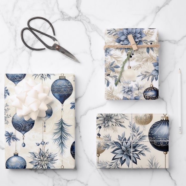 Feuille De Papier Cadeau Boule de Noël Bleue Magnifique Mélange (Recto)