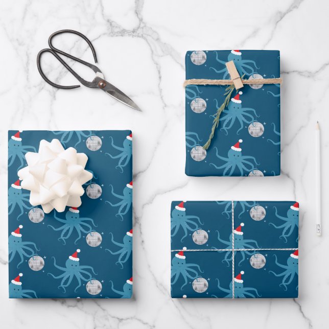 Feuille De Papier Cadeau Boule Disco bleu Octopus Santa Hat Noël (Recto)