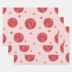Feuille De Papier Cadeau Boules de Disco Rétro Rose violet orange avec étoi