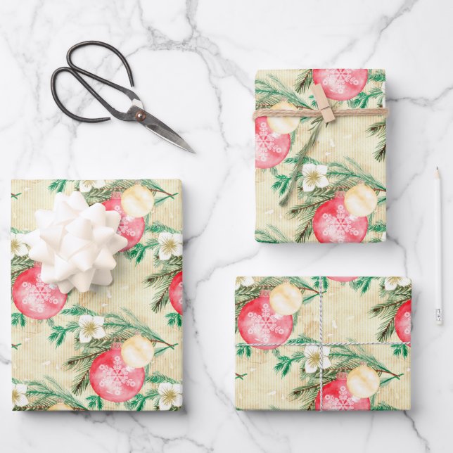 Feuille De Papier Cadeau Boules de Noël rose or (Recto)