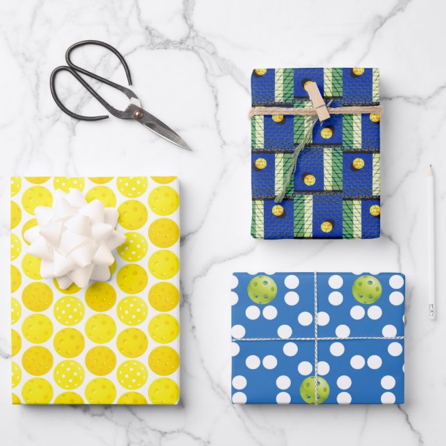 Feuille De Papier Cadeau Boules de Pickleball Jaune sur Bleu et Blanc (Recto)