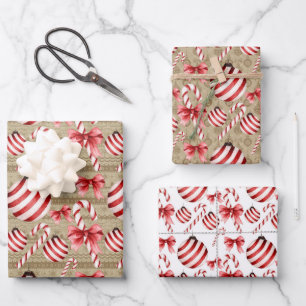 Feuille De Papier Cadeau Boules et Sucres de canne rayés rouges et blancs