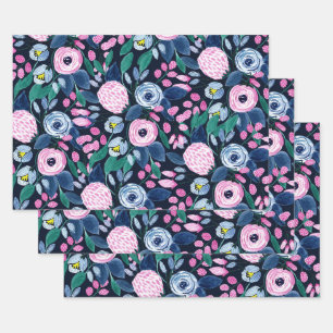 Feuille De Papier Cadeau Bouquet d'aquarelle bleu marine rose