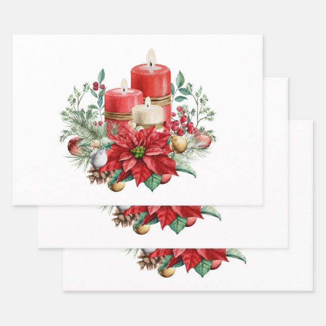 Feuille De Papier Cadeau Bouquet de bougies et Poinsettia Noël (Lot)