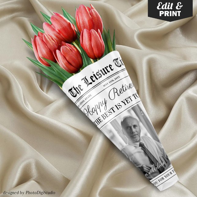 Feuille De Papier Cadeau Bouquet de fleurs de journaux de retraite modifiab (Editable Retirement Newspaper Flower Bouquet Wrapping Paper Sheets)