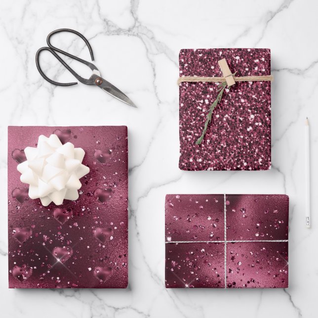 Feuille De Papier Cadeau Bourgogne Cerise Parties scintillant Coeur étincel (Recto)