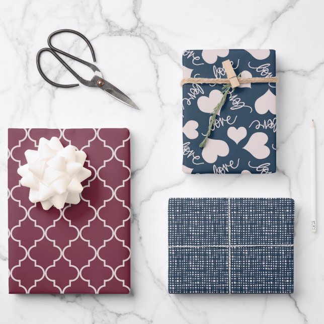 Feuille De Papier Cadeau Bourgogne et bleu marine Motifs de Saint-Valentin (Recto)