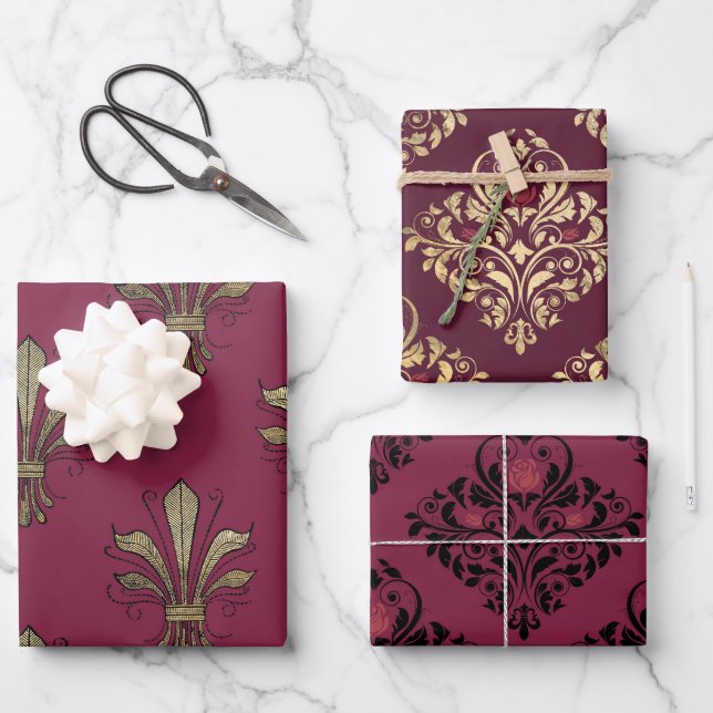 Feuille De Papier Cadeau Bourgogne et Gold Paris (Recto)