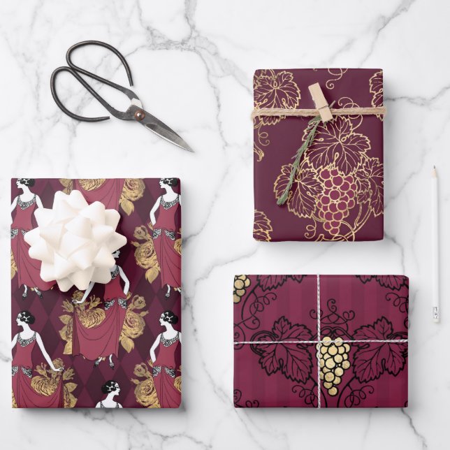 Feuille De Papier Cadeau Bourgogne et or Paris Vin Art déco (Recto)