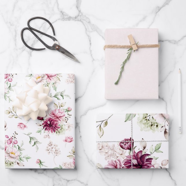 Feuille De Papier Cadeau Bourgogne et pivoines roses (Recto)