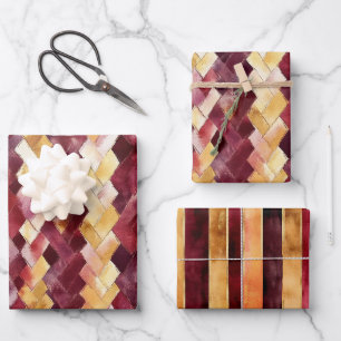 Feuille De Papier Cadeau Bourgogne Or Pêche Zigzag Noël