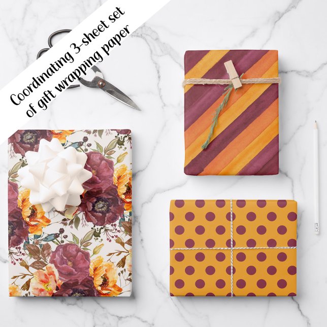 Feuille De Papier Cadeau Bourgogne Orange Floral Pois rayés (Orange and burgundy floral, striped, and polka dot 3-sheet set of coordinating wrapping paper)