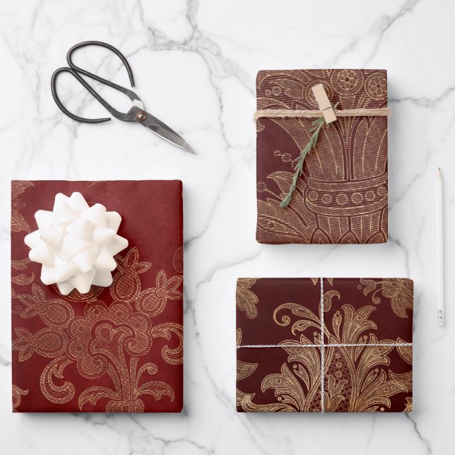 Feuille De Papier Cadeau Bourgogne rouge et or Damas (Recto)