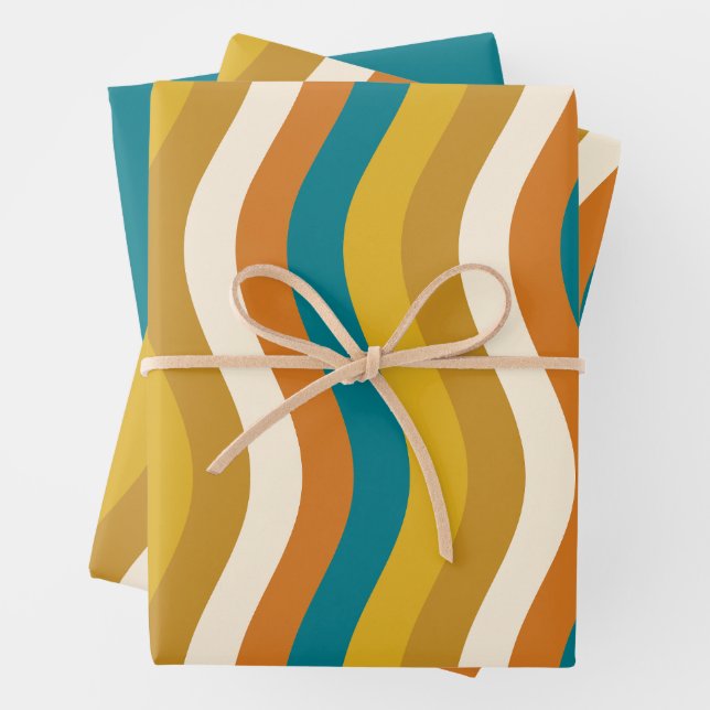 Feuille De Papier Cadeau Bousses Pop Rétro Moderne Motif Turquoise Ochre (En situation)