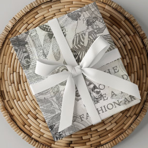 Feuille De Papier Cadeau Bouton botanique rétro Script noir et blanc