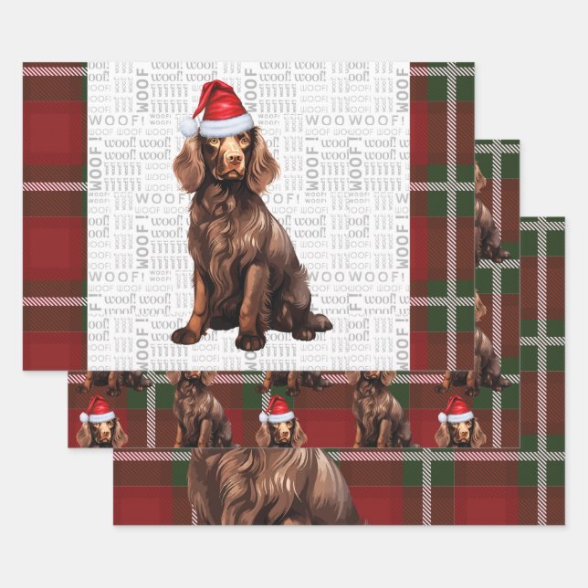 Feuille De Papier Cadeau Boykin Spaniel Chien de Noël Profond Rouge Plaid (Lot)