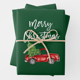 Feuille De Papier Cadeau Bracelet Script Christmas Red Truck Green