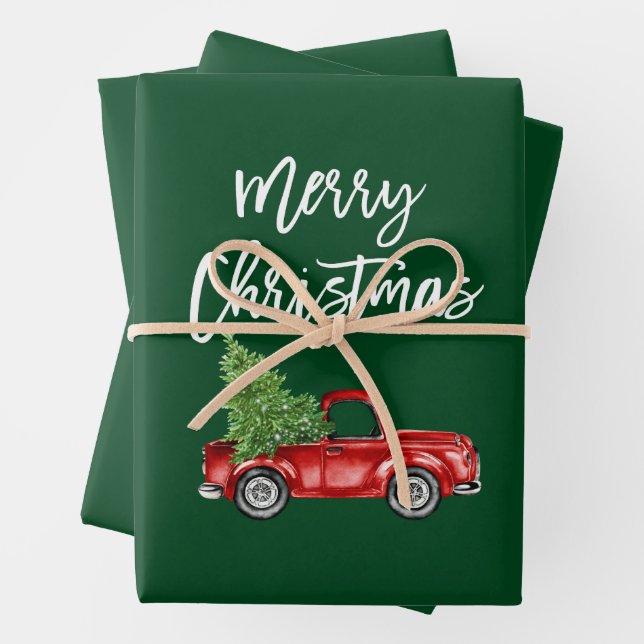 Feuille De Papier Cadeau Bracelet Script Christmas Red Truck Green (En situation)