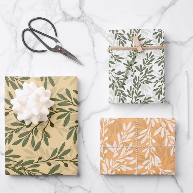 Feuille De Papier Cadeau Branche d'olivier vert Motif méditerranéen (Recto)