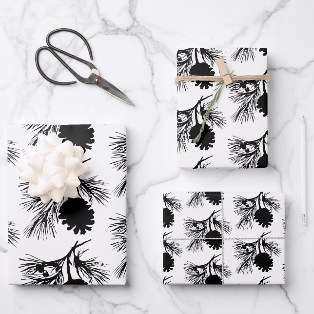 Feuille De Papier Cadeau Branche Et Cône D'Épinette Blanche Et Noire (Recto)