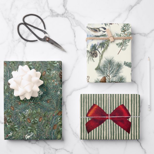 Feuille De Papier Cadeau Branches À feuillage persistant de Noël Pinecone B (Recto)