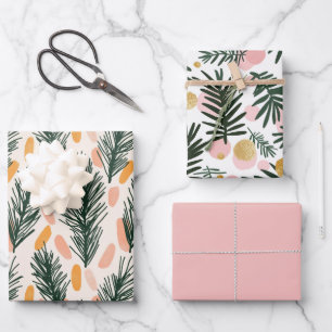 Feuille De Papier Cadeau Branches d'arbre de Noël vert rose