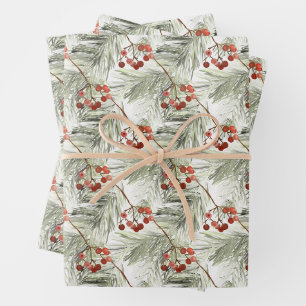 Feuille De Papier Cadeau Branches de pin de Noël et baies rouges